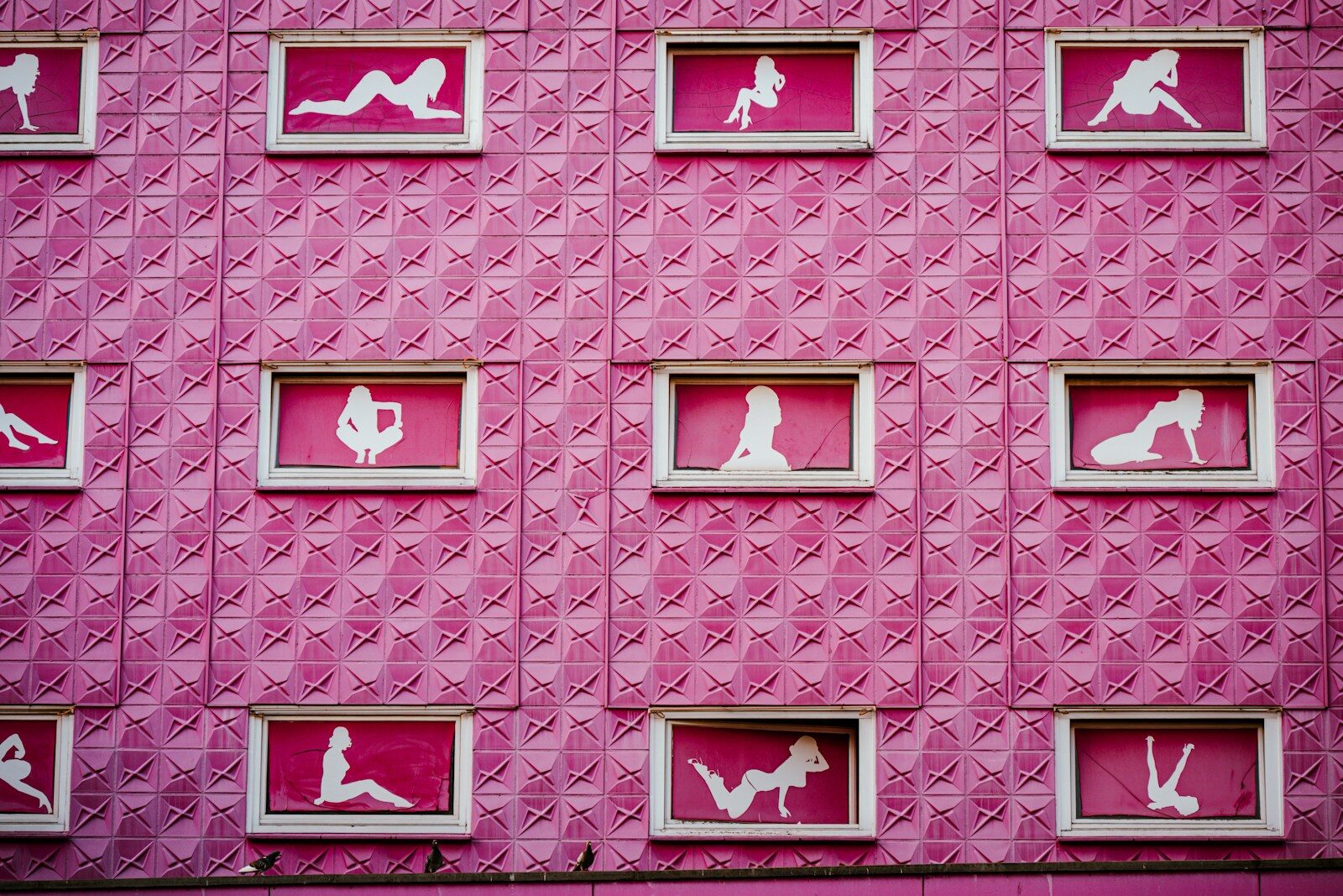 A pink building adorns silhouettes in windows